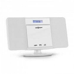 OneConcept V-13, biely stereosystém s CD MP3 USB rádiom a budíkom, nástenná montáž